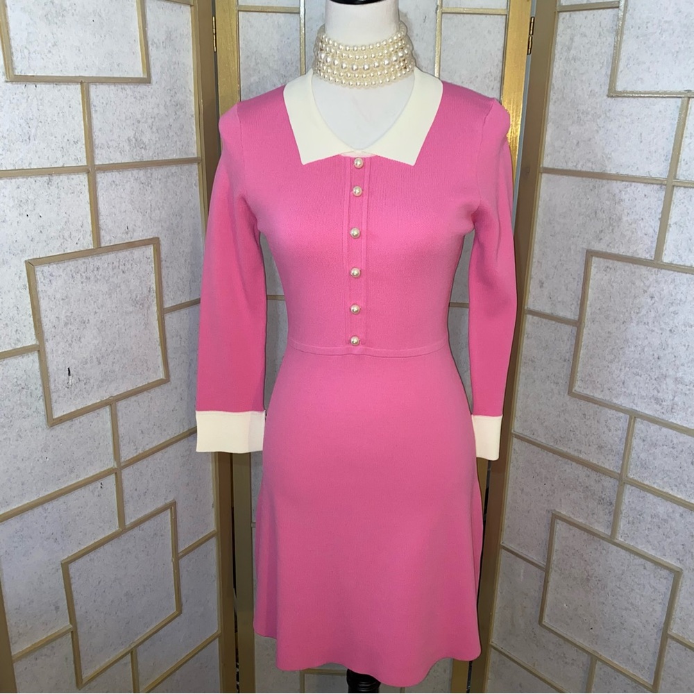 Chic Pink Long Sleeve Dress with Pearl Buttons